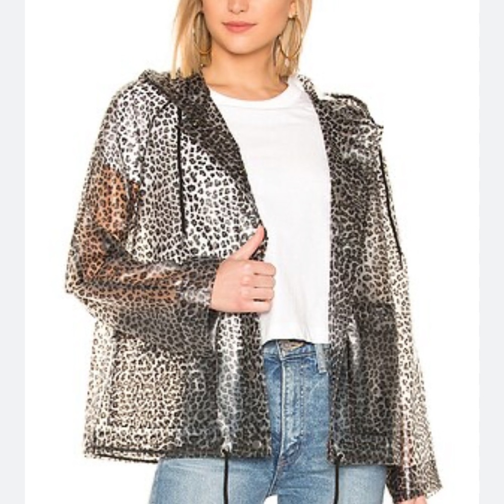 Pam & Gela Clear Black Leopard Zip UP Hooded Raincoat O/S